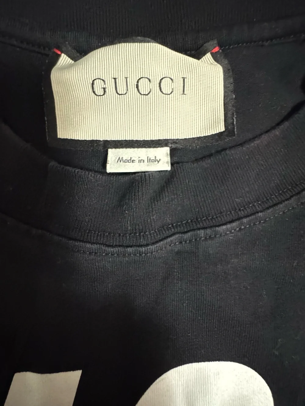 Gucci Black Short-Sleeve Graphic Logo Tee with Red & White Accents